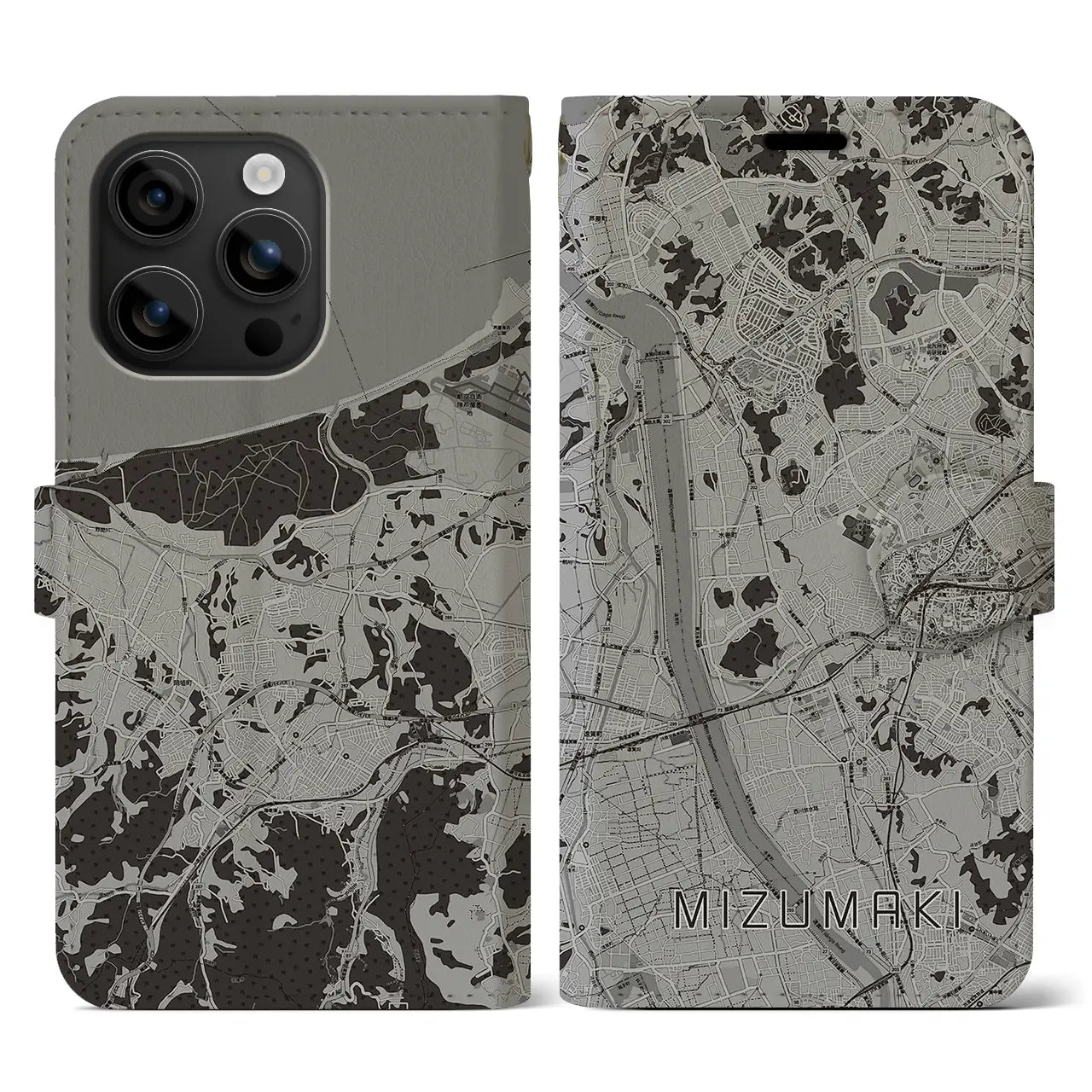 【水巻(福岡県)】地図柄iPhoneケース(手帳タイプ)モノトーン・iPhone 16 用