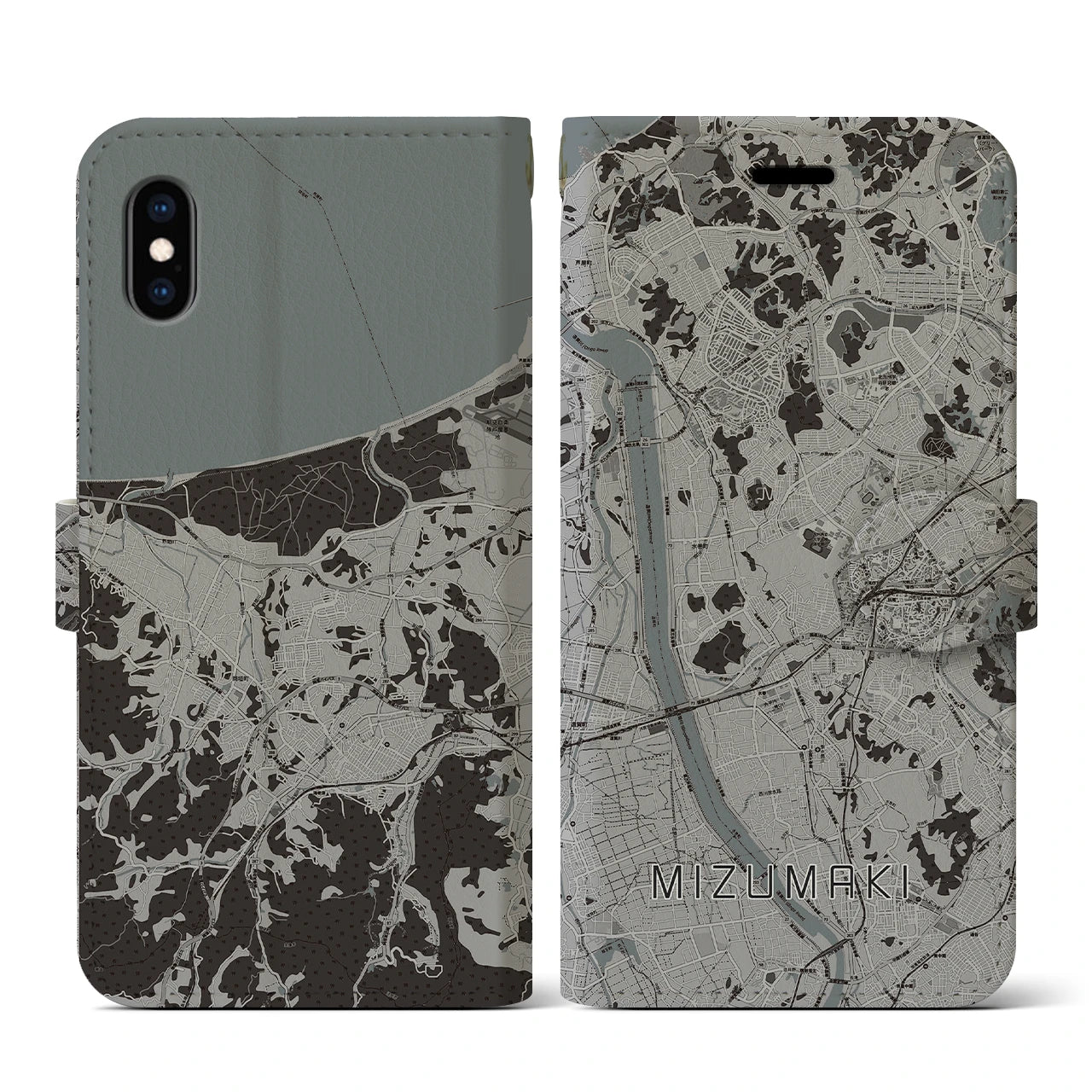 【水巻(福岡県)】地図柄iPhoneケース(手帳タイプ)モノトーン・iPhone XS / X 用