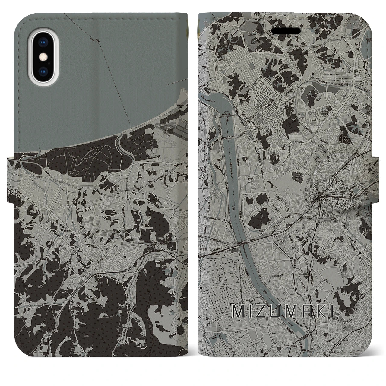 【水巻(福岡県)】地図柄iPhoneケース(手帳タイプ)モノトーン・iPhone XS Max 用
