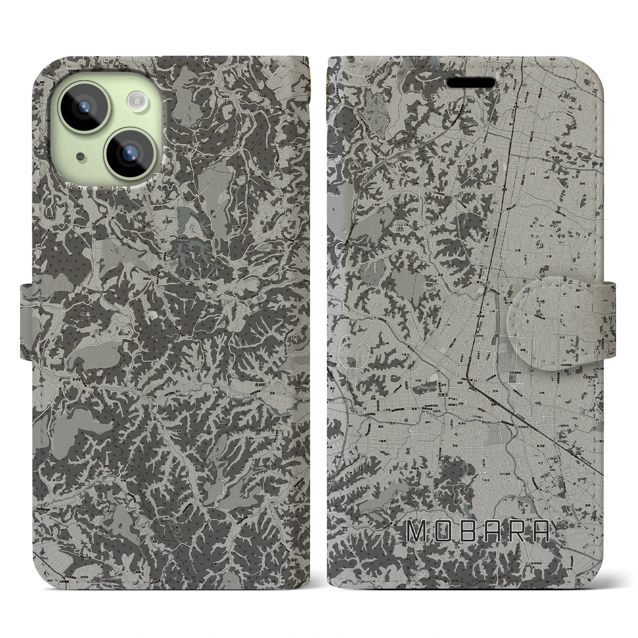 【茂原(千葉県)】地図柄iPhoneケース(手帳タイプ)モノトーン・iPhone 15 用