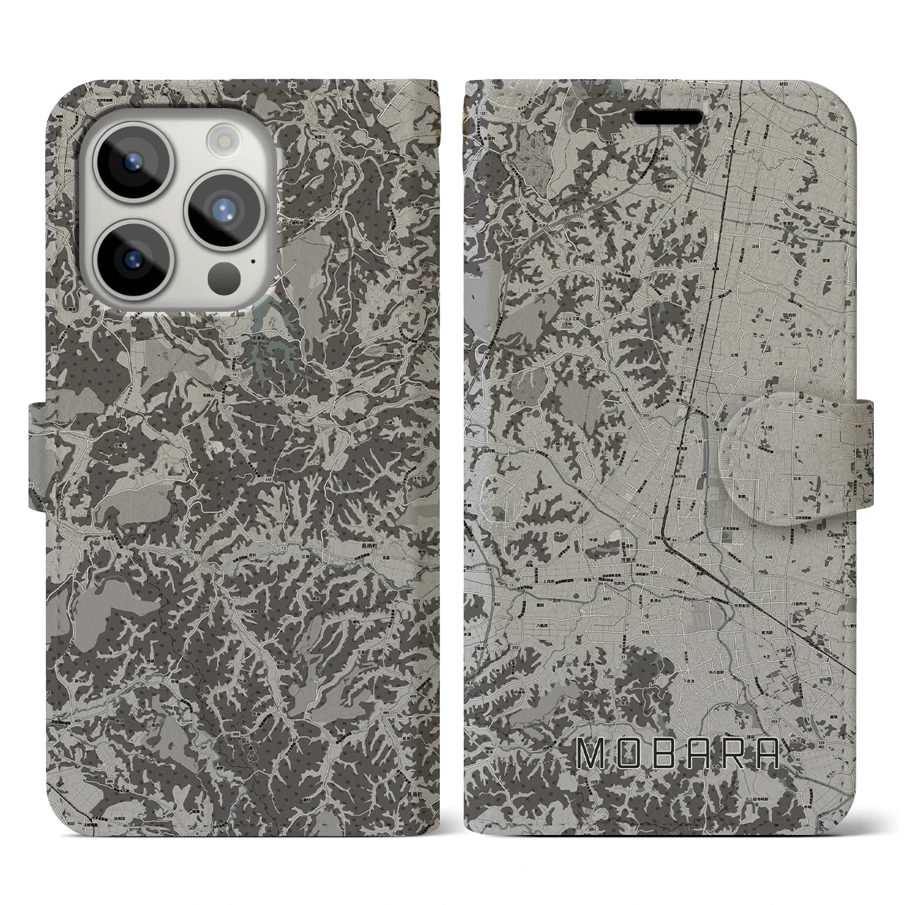 【茂原(千葉県)】地図柄iPhoneケース(手帳タイプ)モノトーン・iPhone 15 Pro 用