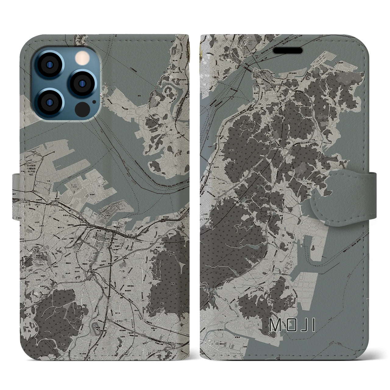 【門司(福岡県)】地図柄iPhoneケース(手帳タイプ)モノトーン・iPhone 12 / 12 Pro 用