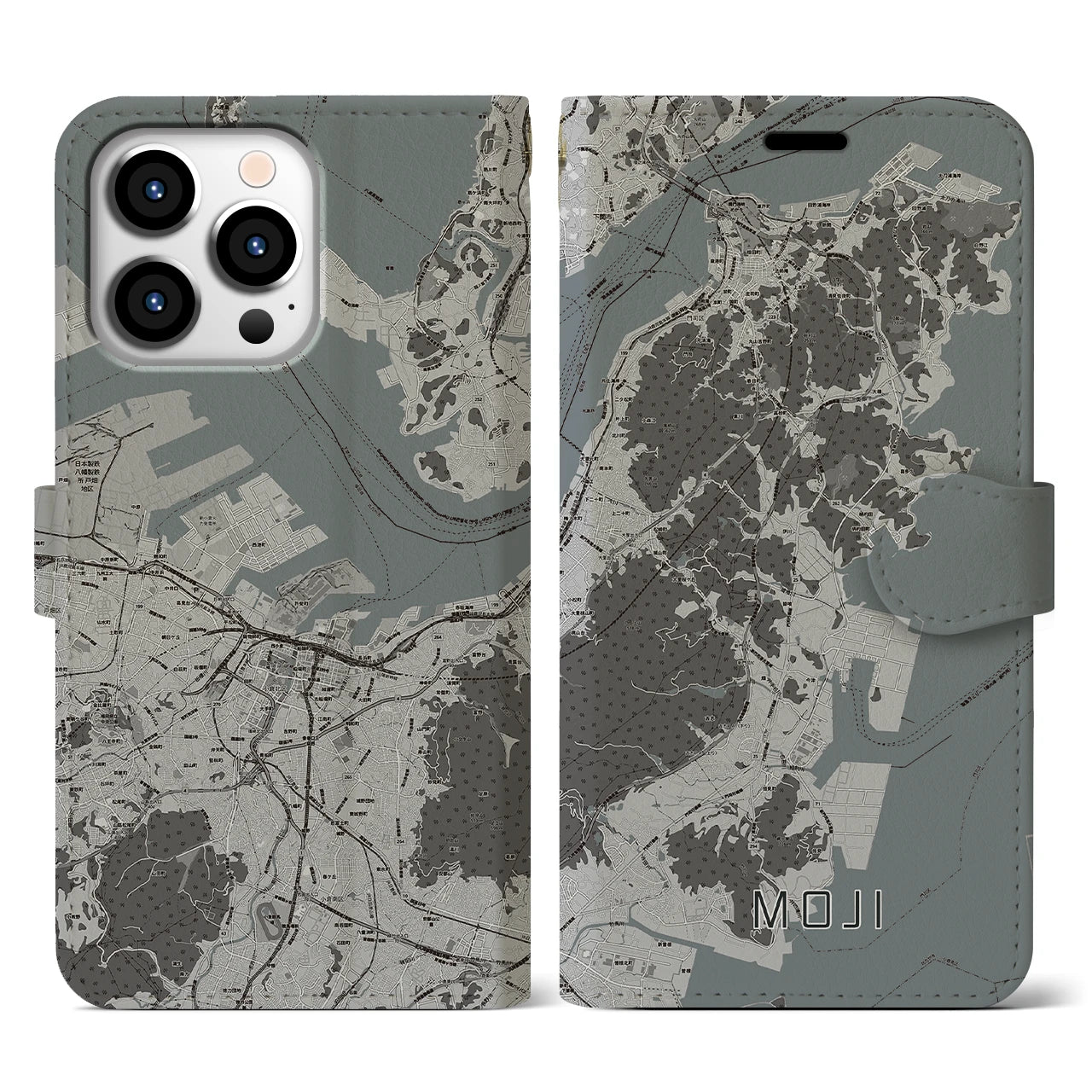 【門司(福岡県)】地図柄iPhoneケース(手帳タイプ)モノトーン・iPhone 13 Pro 用