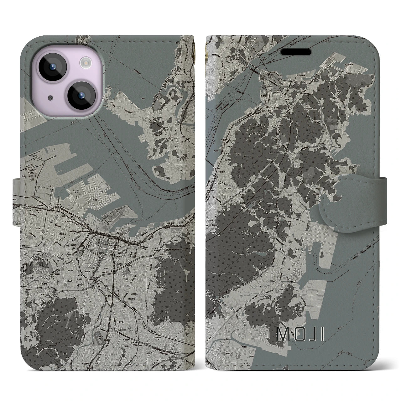 【門司(福岡県)】地図柄iPhoneケース(手帳タイプ)モノトーン・iPhone 14 用