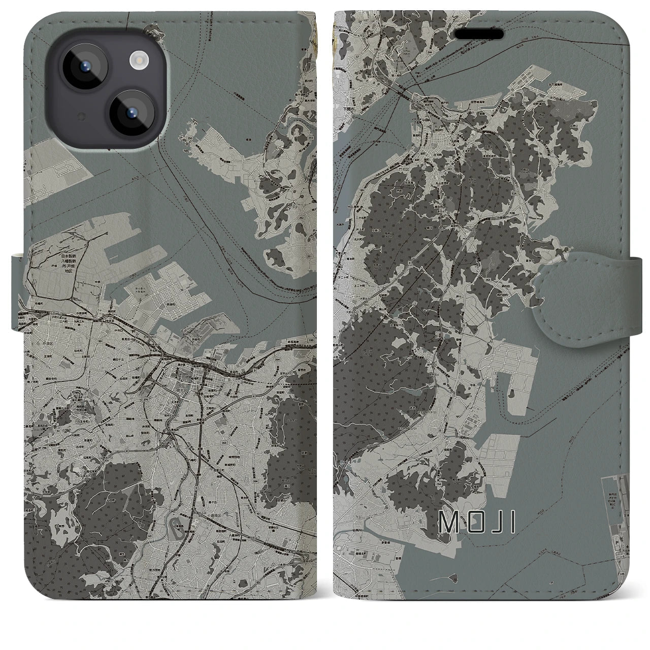 【門司(福岡県)】地図柄iPhoneケース(手帳タイプ)モノトーン・iPhone 14 Plus 用