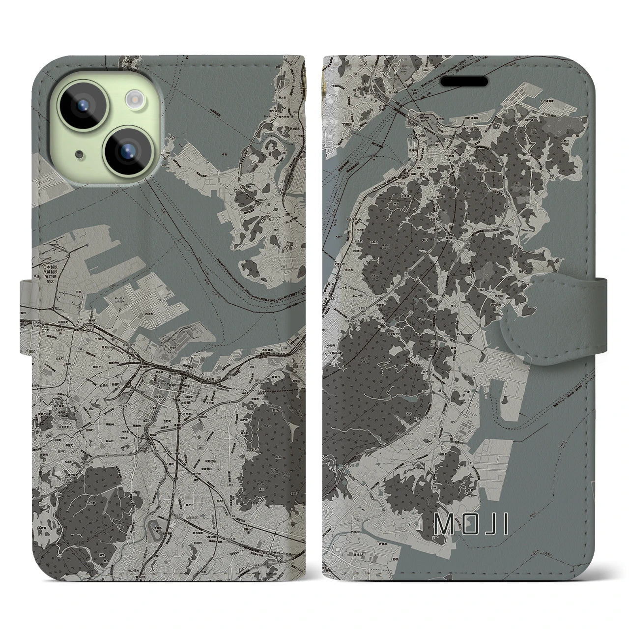 【門司(福岡県)】地図柄iPhoneケース(手帳タイプ)モノトーン・iPhone 15 用