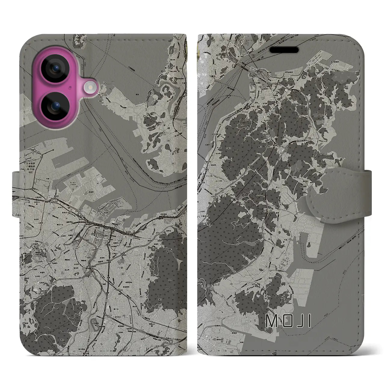 【門司(福岡県)】地図柄iPhoneケース(手帳タイプ)モノトーン・iPhone 16 Pro 用
