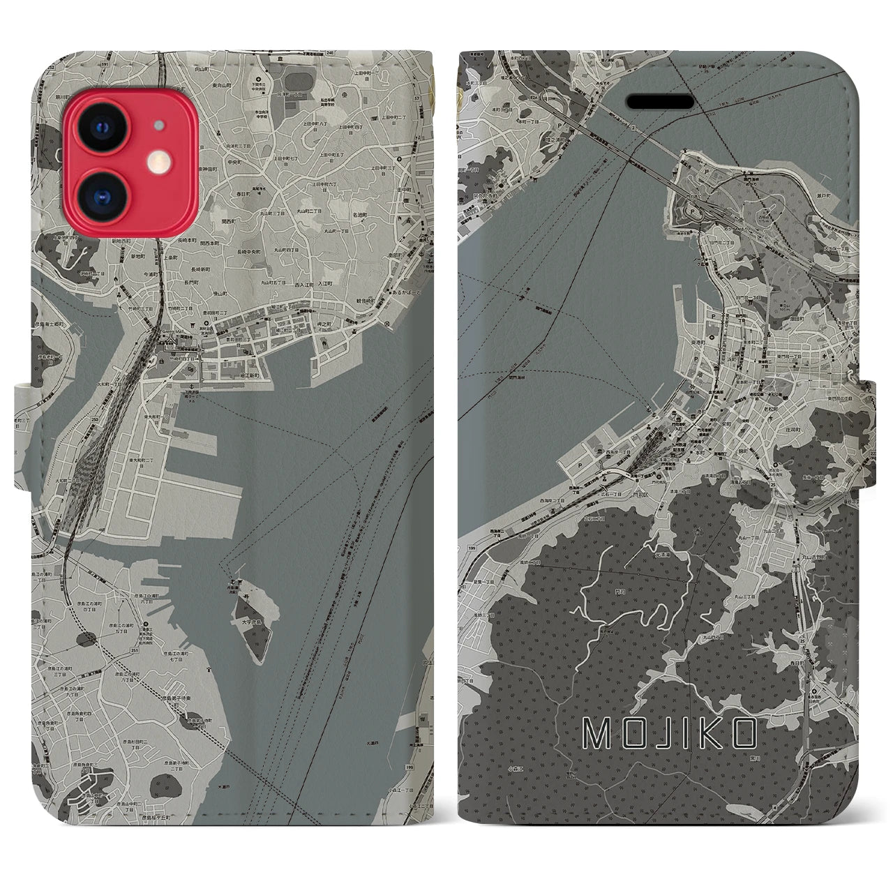 【門司港(福岡県)】地図柄iPhoneケース(手帳タイプ)モノトーン・iPhone 11 用