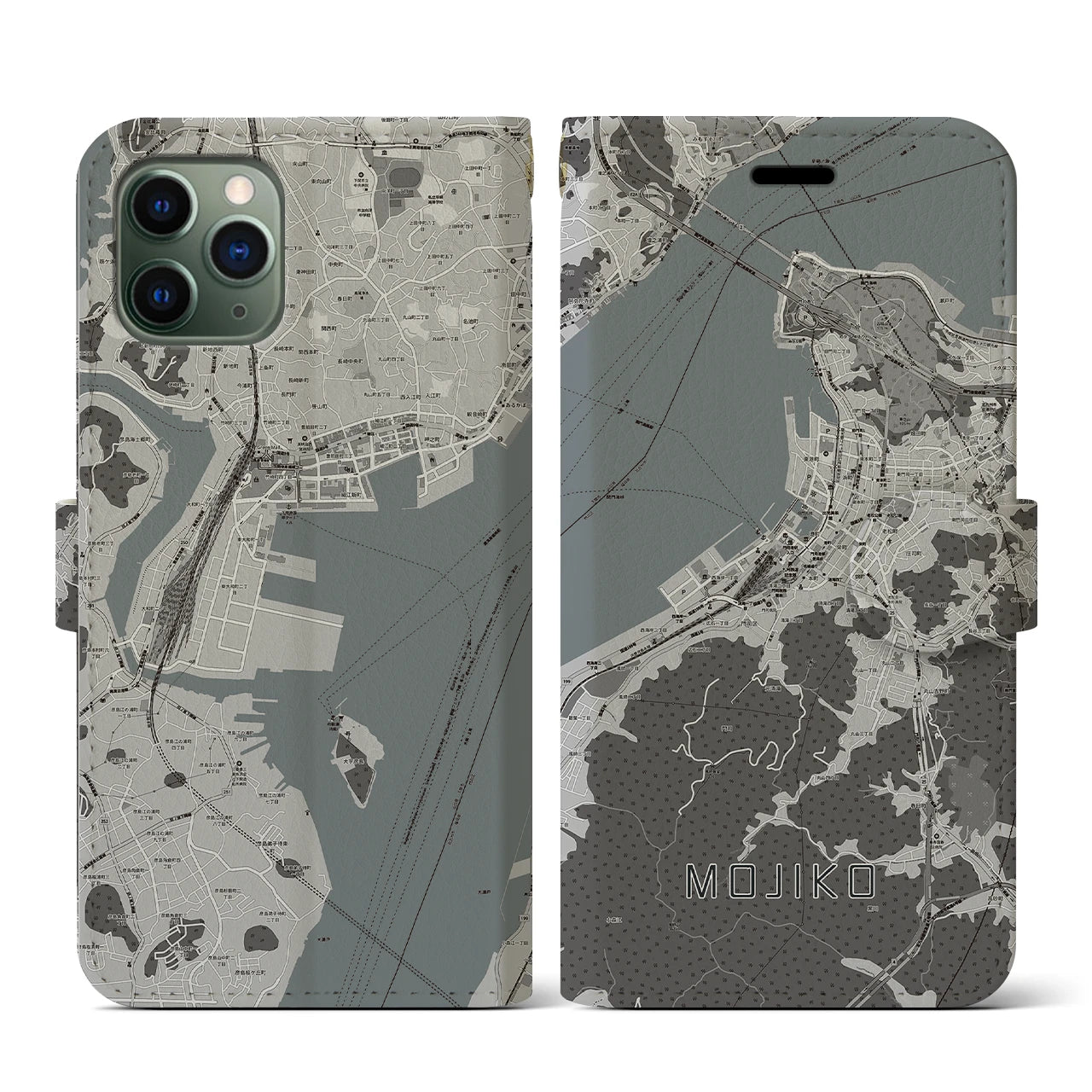 【門司港(福岡県)】地図柄iPhoneケース(手帳タイプ)モノトーン・iPhone 11 Pro 用