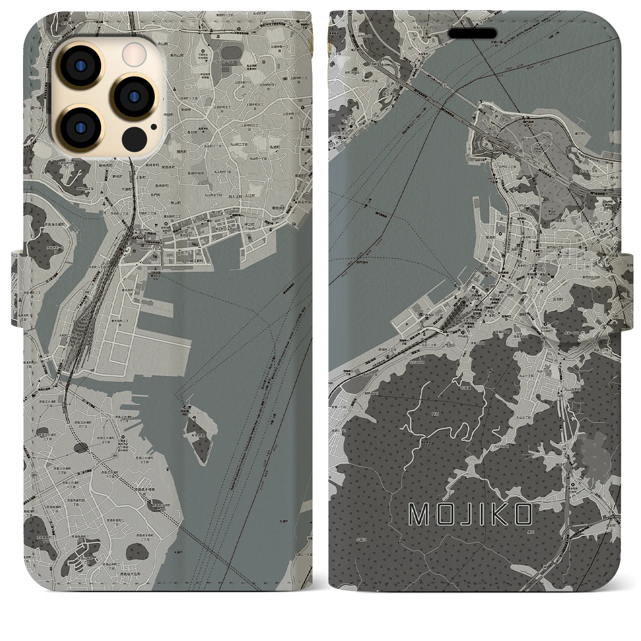 【門司港(福岡県)】地図柄iPhoneケース(手帳タイプ)モノトーン・iPhone 12 Pro Max 用