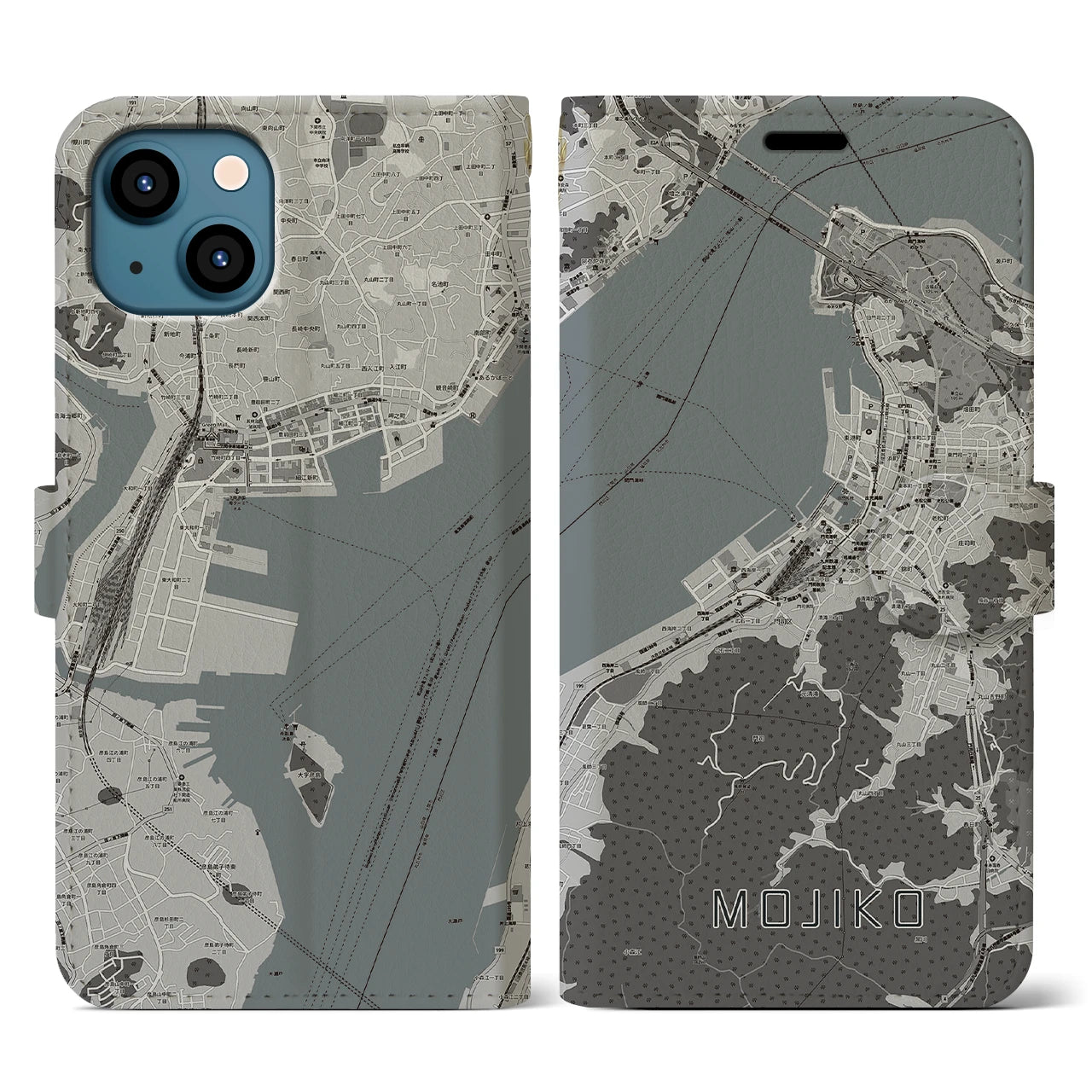 【門司港(福岡県)】地図柄iPhoneケース(手帳タイプ)モノトーン・iPhone 13 用