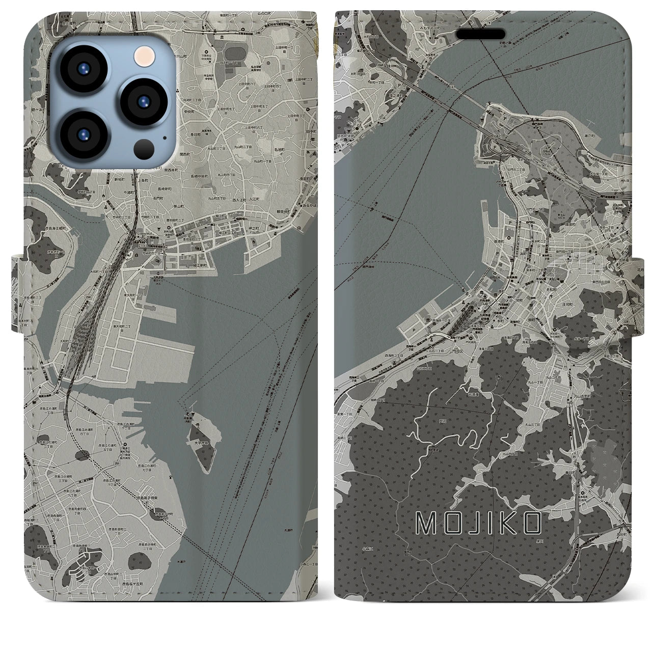 【門司港(福岡県)】地図柄iPhoneケース(手帳タイプ)モノトーン・iPhone 13 Pro Max 用