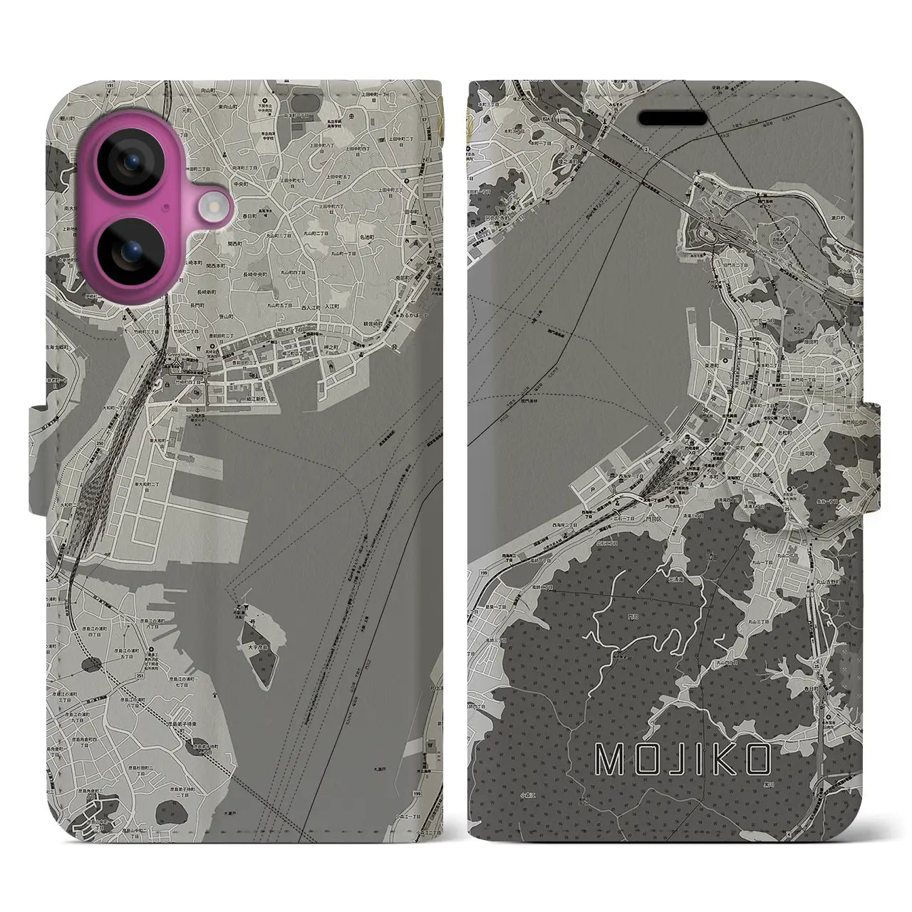 【門司港(福岡県)】地図柄iPhoneケース(手帳タイプ)モノトーン・iPhone 16 Pro 用