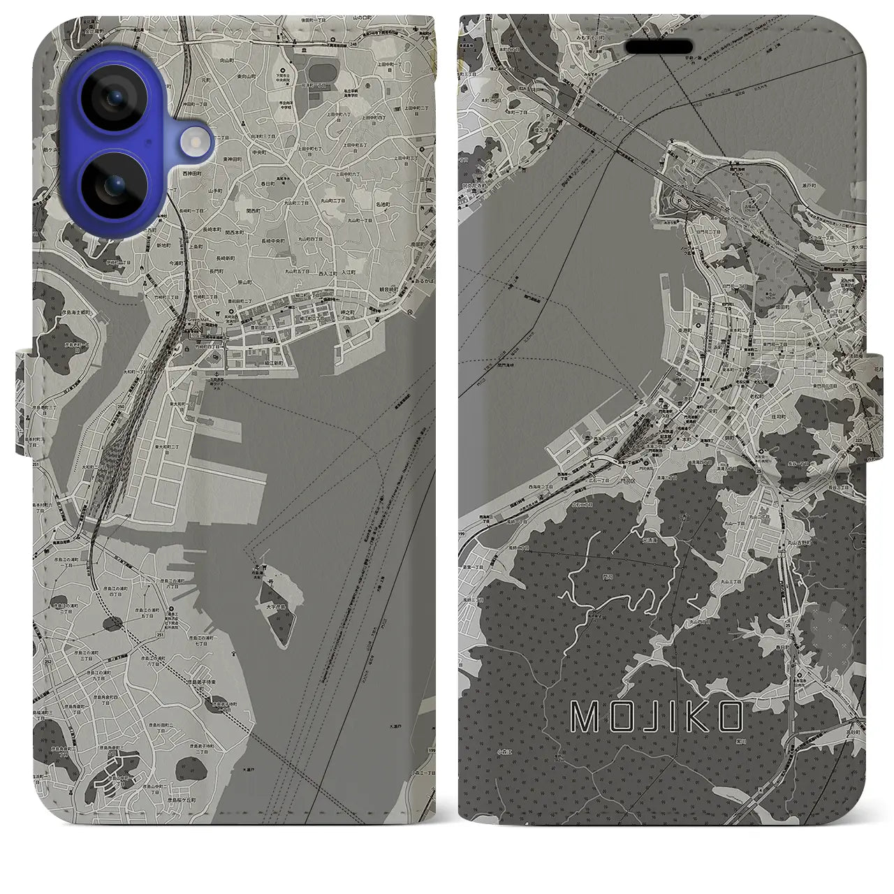 【門司港(福岡県)】地図柄iPhoneケース(手帳タイプ)モノトーン・iPhone 16 Pro Max 用