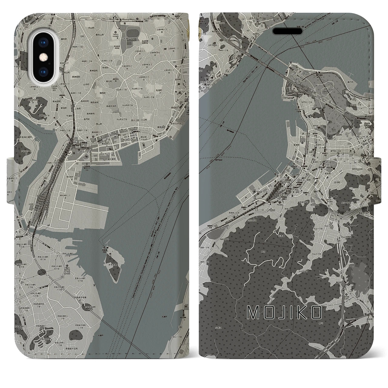 【門司港(福岡県)】地図柄iPhoneケース(手帳タイプ)モノトーン・iPhone XS Max 用