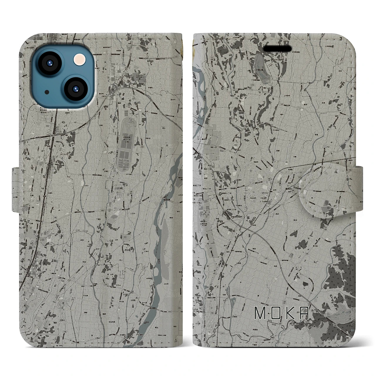 【真岡(栃木県)】地図柄iPhoneケース(手帳タイプ)モノトーン・iPhone 13 用