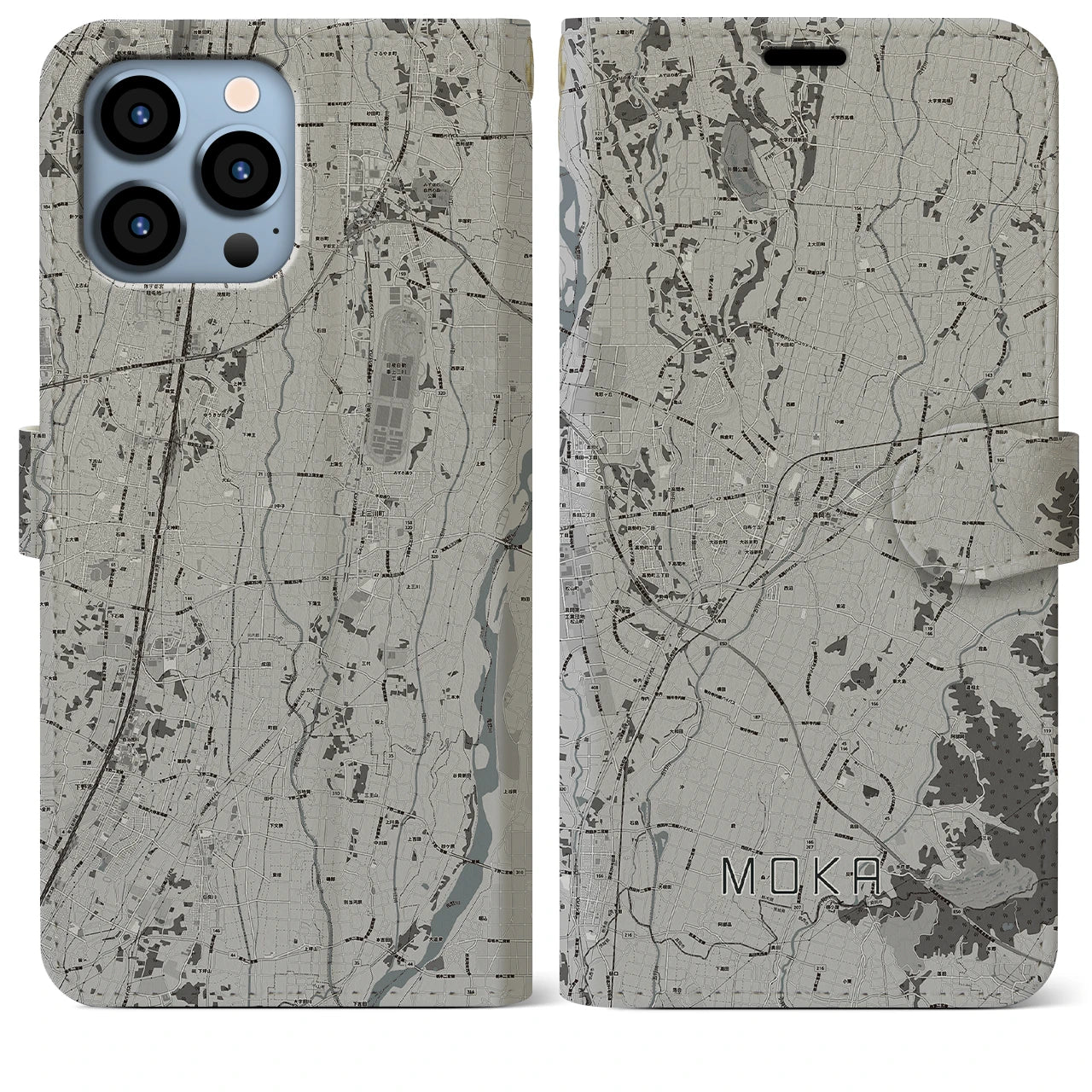 【真岡(栃木県)】地図柄iPhoneケース(手帳タイプ)モノトーン・iPhone 13 Pro Max 用