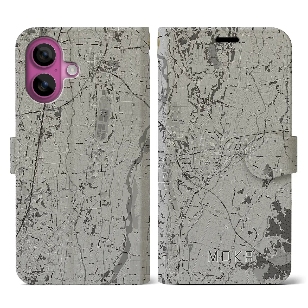 【真岡(栃木県)】地図柄iPhoneケース(手帳タイプ)モノトーン・iPhone 16 Pro 用