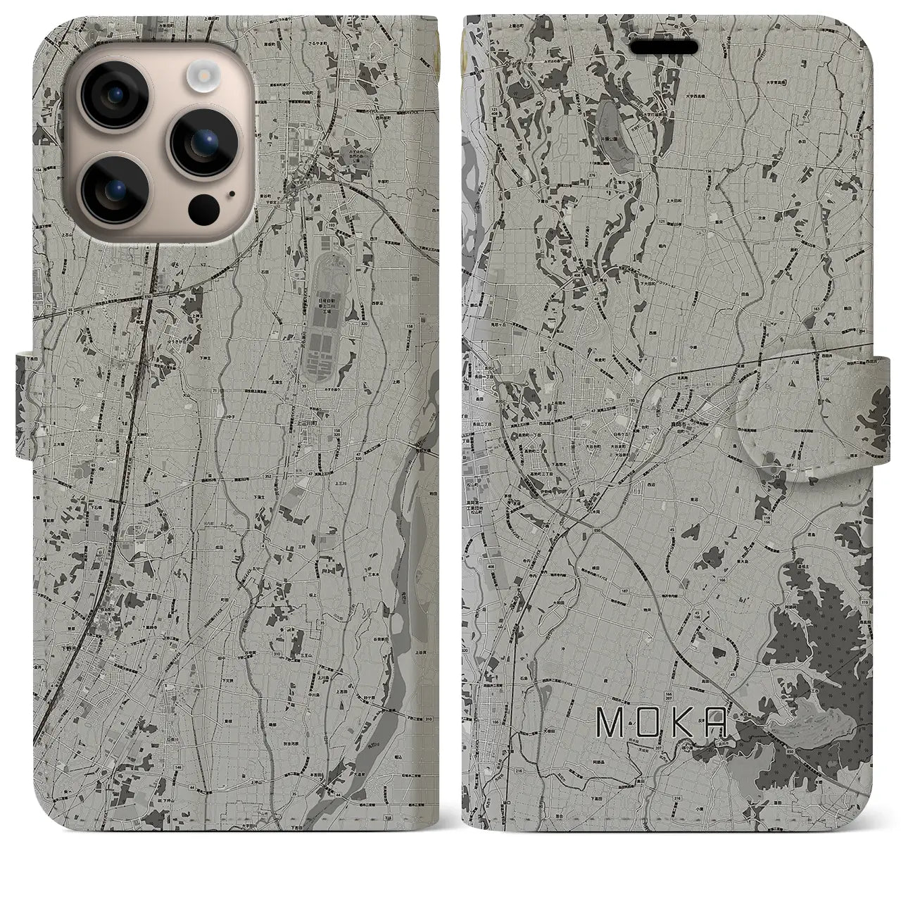 【真岡(栃木県)】地図柄iPhoneケース(手帳タイプ)モノトーン・iPhone 16 Plus 用