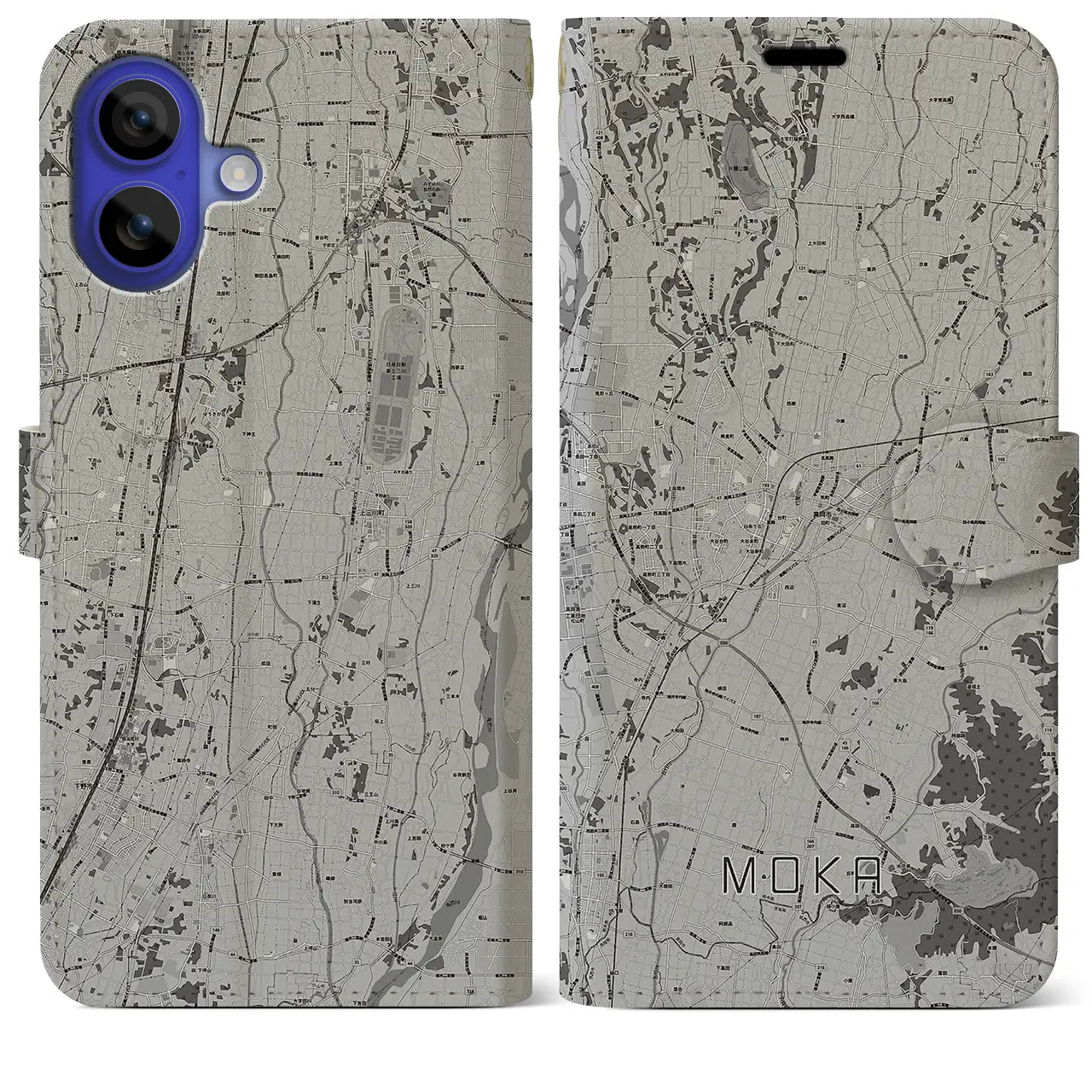 【真岡(栃木県)】地図柄iPhoneケース(手帳タイプ)モノトーン・iPhone 16 Pro Max 用