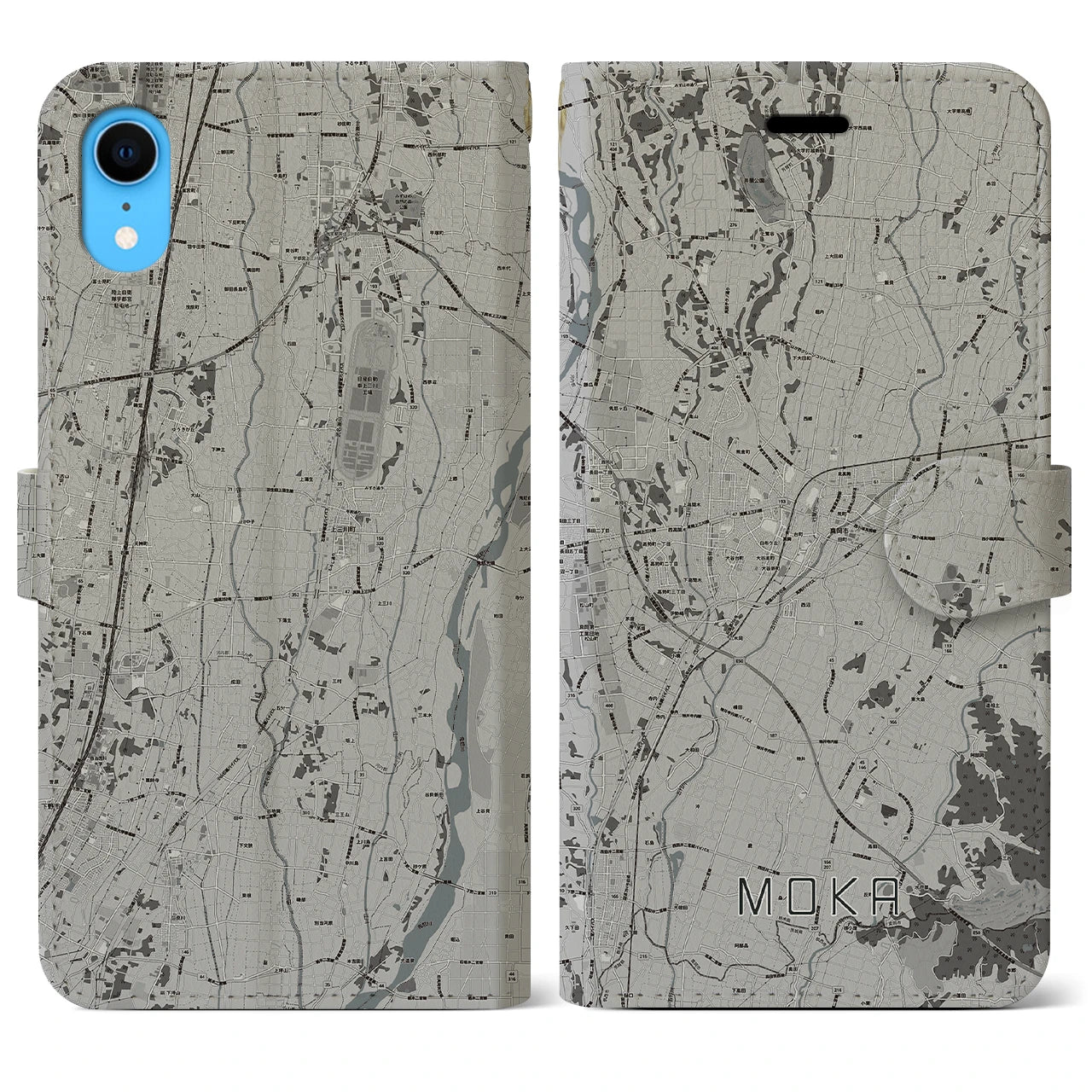 【真岡(栃木県)】地図柄iPhoneケース(手帳タイプ)モノトーン・iPhone XR 用
