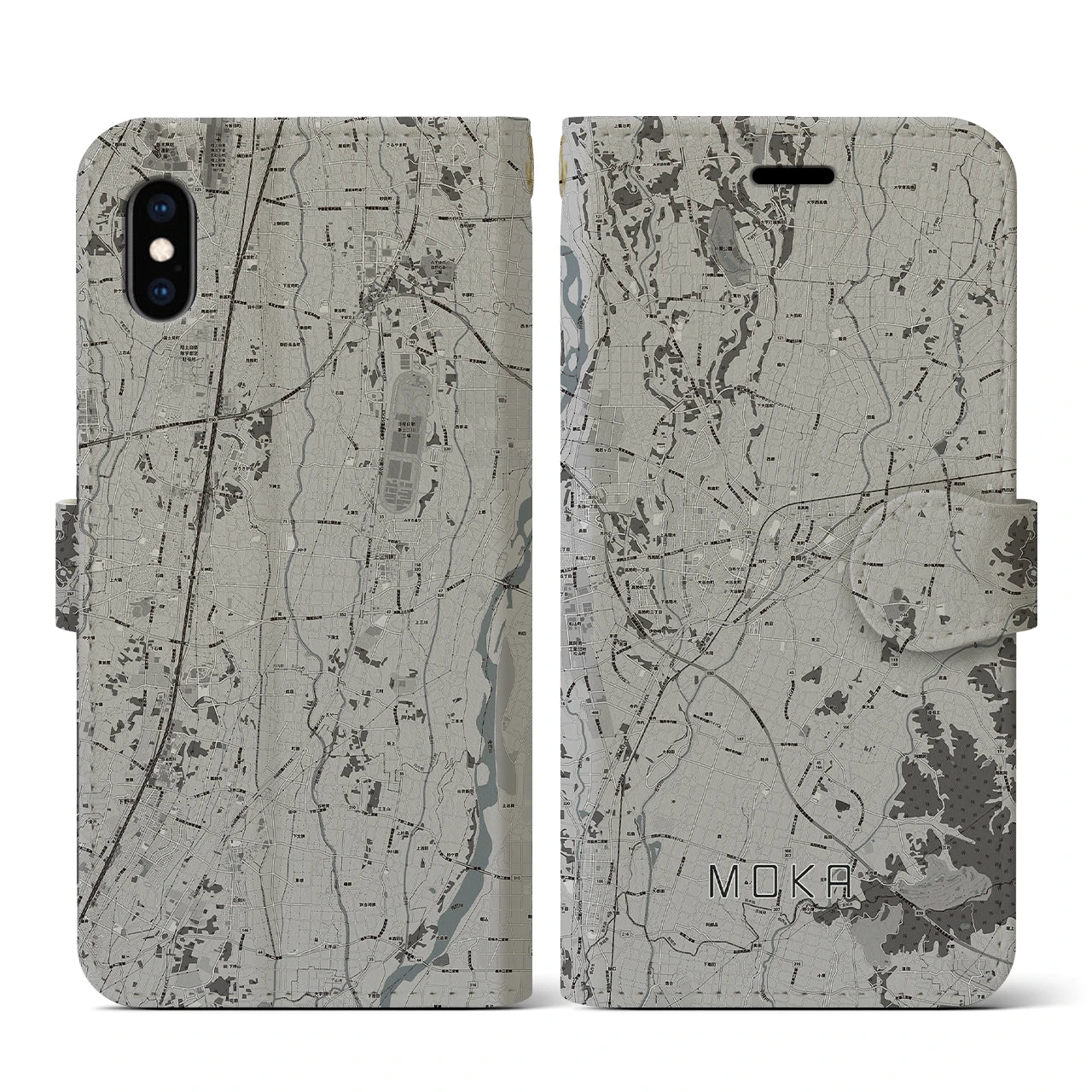 【真岡(栃木県)】地図柄iPhoneケース(手帳タイプ)モノトーン・iPhone XS / X 用