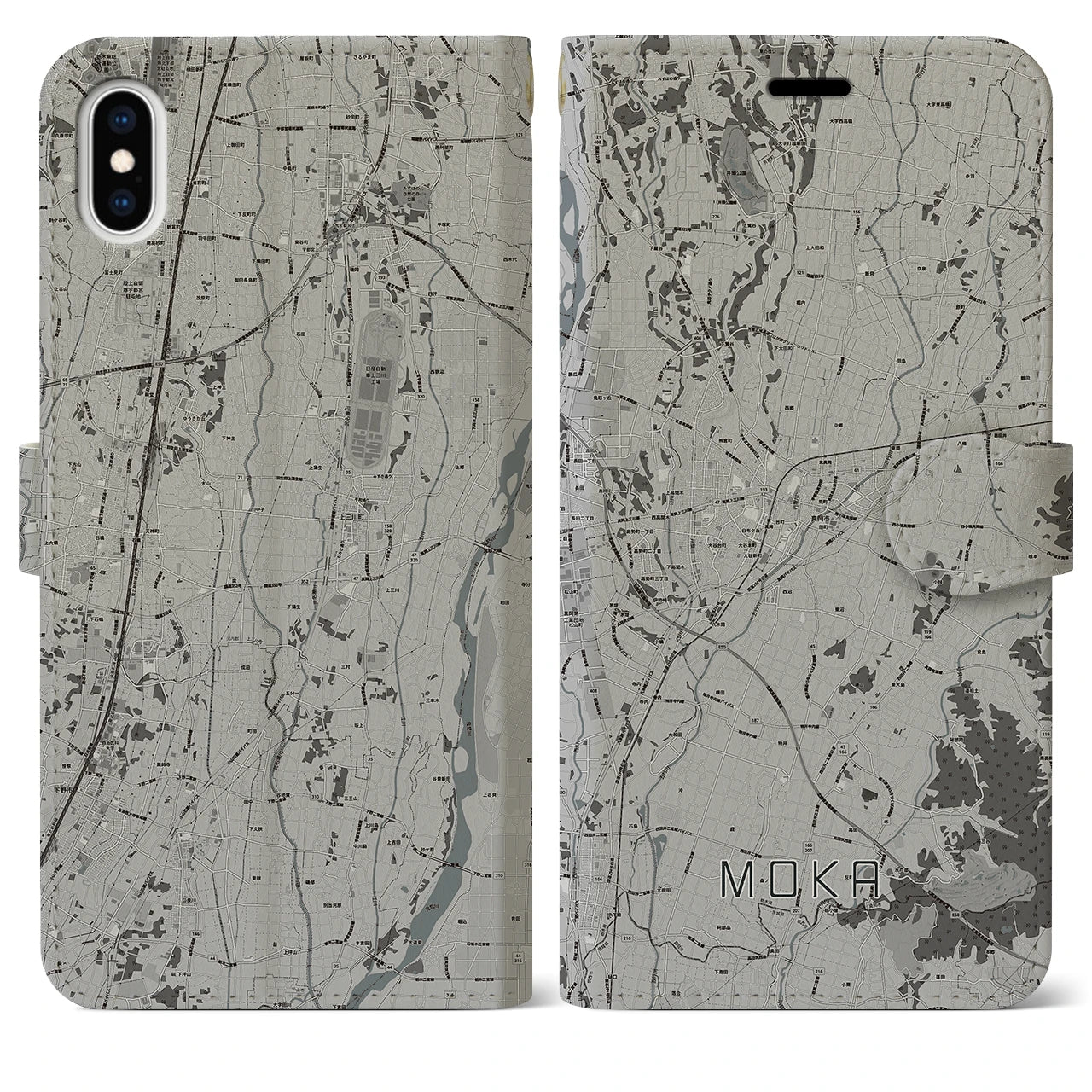 【真岡(栃木県)】地図柄iPhoneケース(手帳タイプ)モノトーン・iPhone XS Max 用