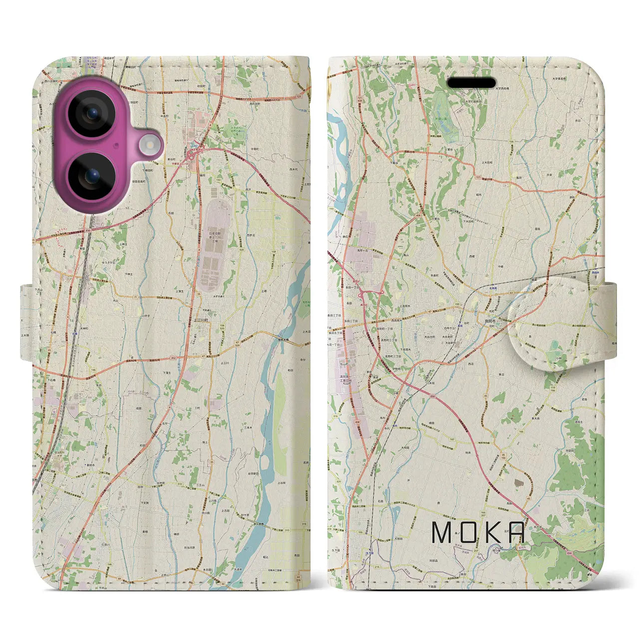 【真岡(栃木県)】地図柄iPhoneケース(手帳タイプ)ナチュラル・iPhone 16 Pro 用