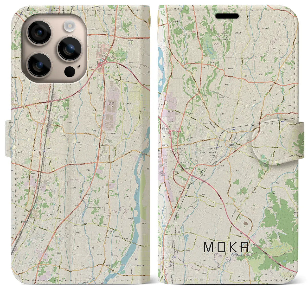 【真岡(栃木県)】地図柄iPhoneケース(手帳タイプ)ナチュラル・iPhone 16 Plus 用