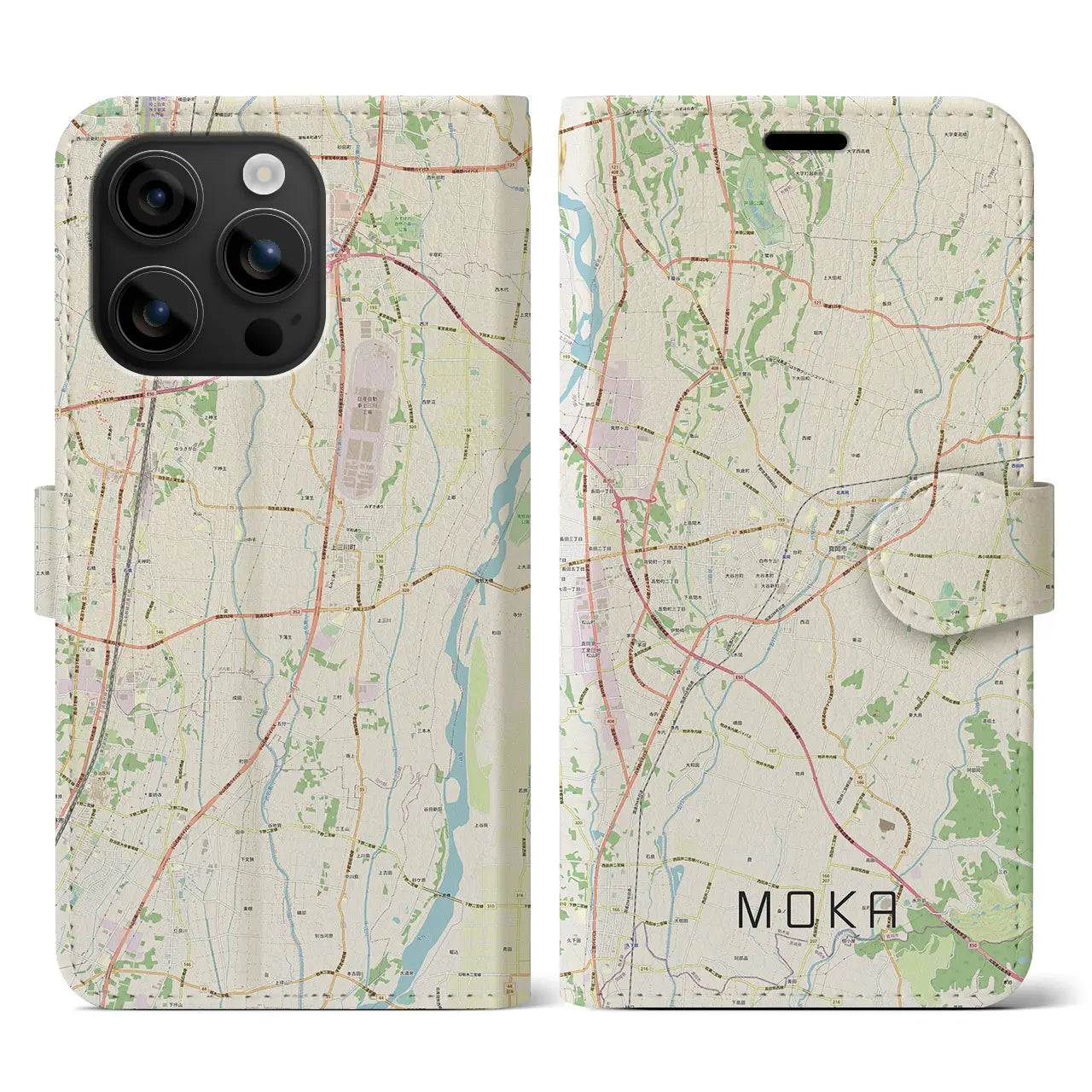 【真岡(栃木県)】地図柄iPhoneケース(手帳タイプ)ナチュラル・iPhone 16 用