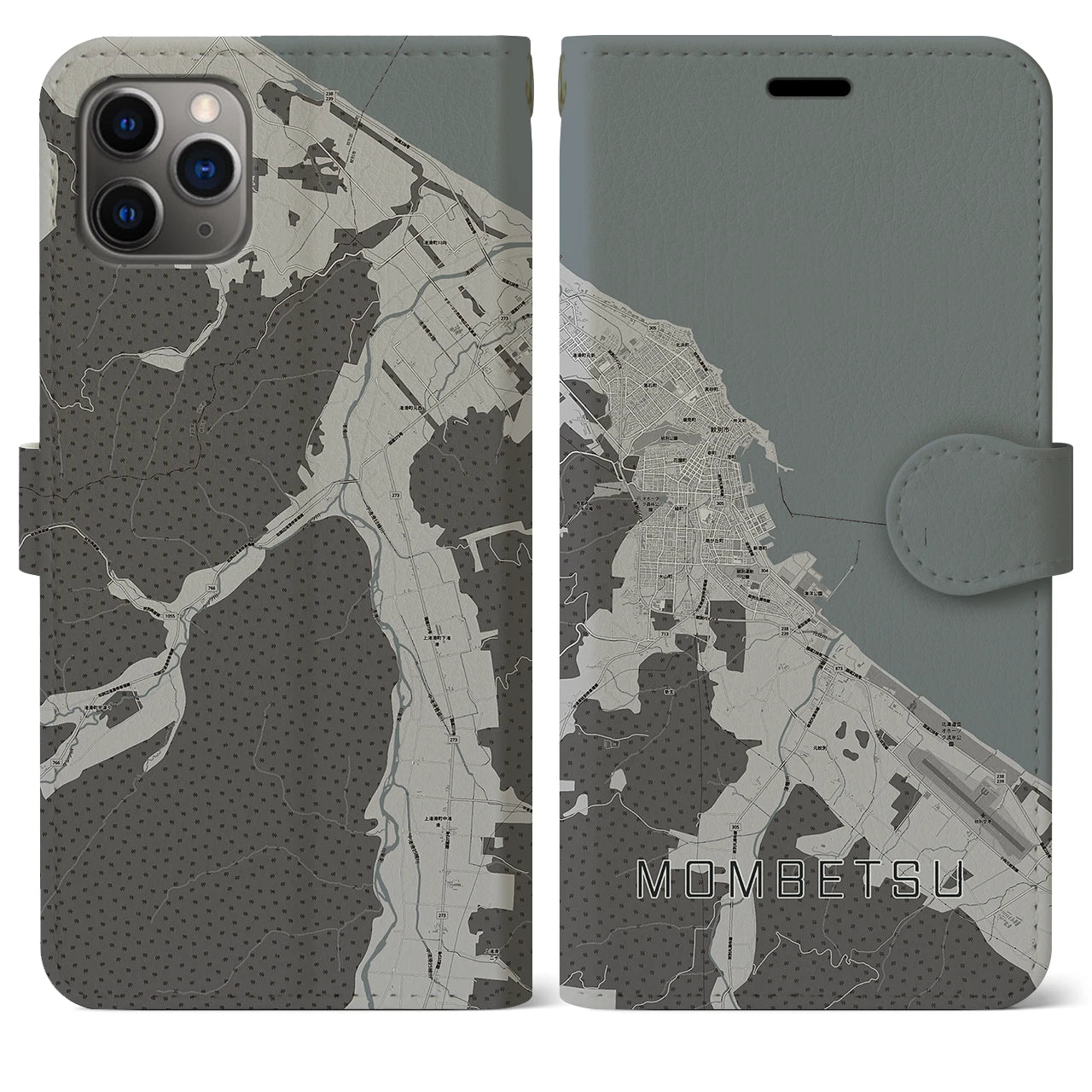 【紋別(北海道)】地図柄iPhoneケース(手帳タイプ)モノトーン・iPhone 11 Pro Max 用