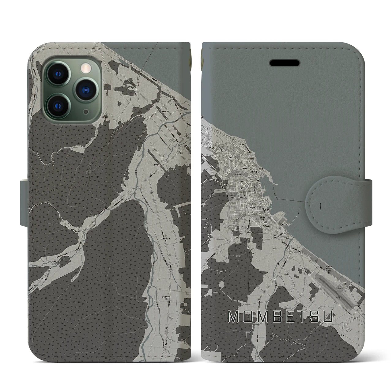 【紋別(北海道)】地図柄iPhoneケース(手帳タイプ)モノトーン・iPhone 11 Pro 用