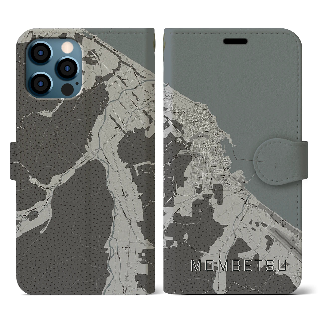 【紋別(北海道)】地図柄iPhoneケース(手帳タイプ)モノトーン・iPhone 12 / 12 Pro 用