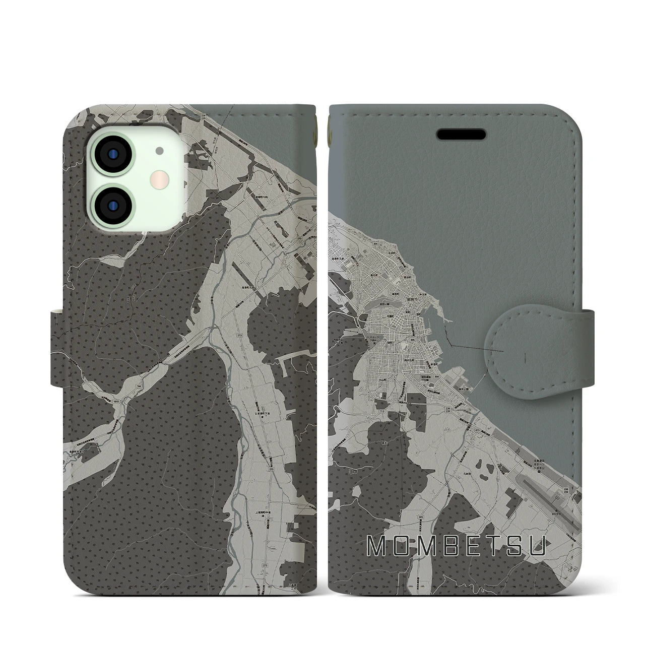 【紋別(北海道)】地図柄iPhoneケース(手帳タイプ)モノトーン・iPhone 12 mini 用