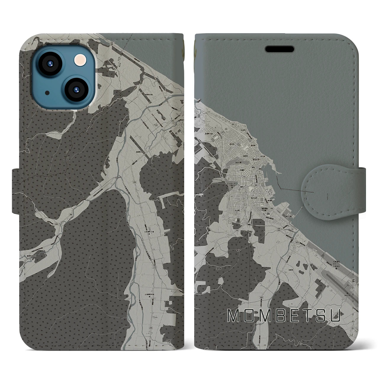 【紋別(北海道)】地図柄iPhoneケース(手帳タイプ)モノトーン・iPhone 13 用