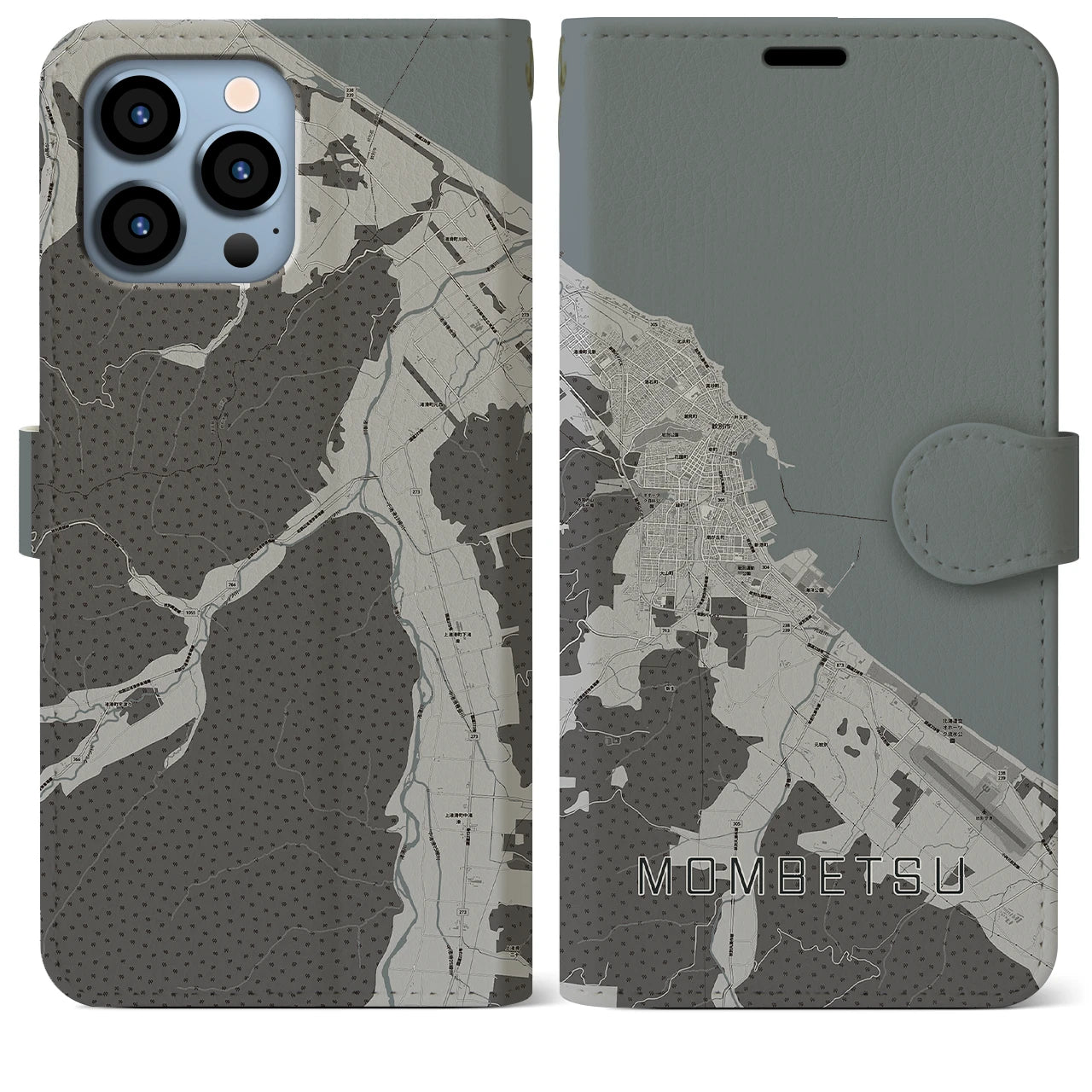 【紋別(北海道)】地図柄iPhoneケース(手帳タイプ)モノトーン・iPhone 13 Pro Max 用