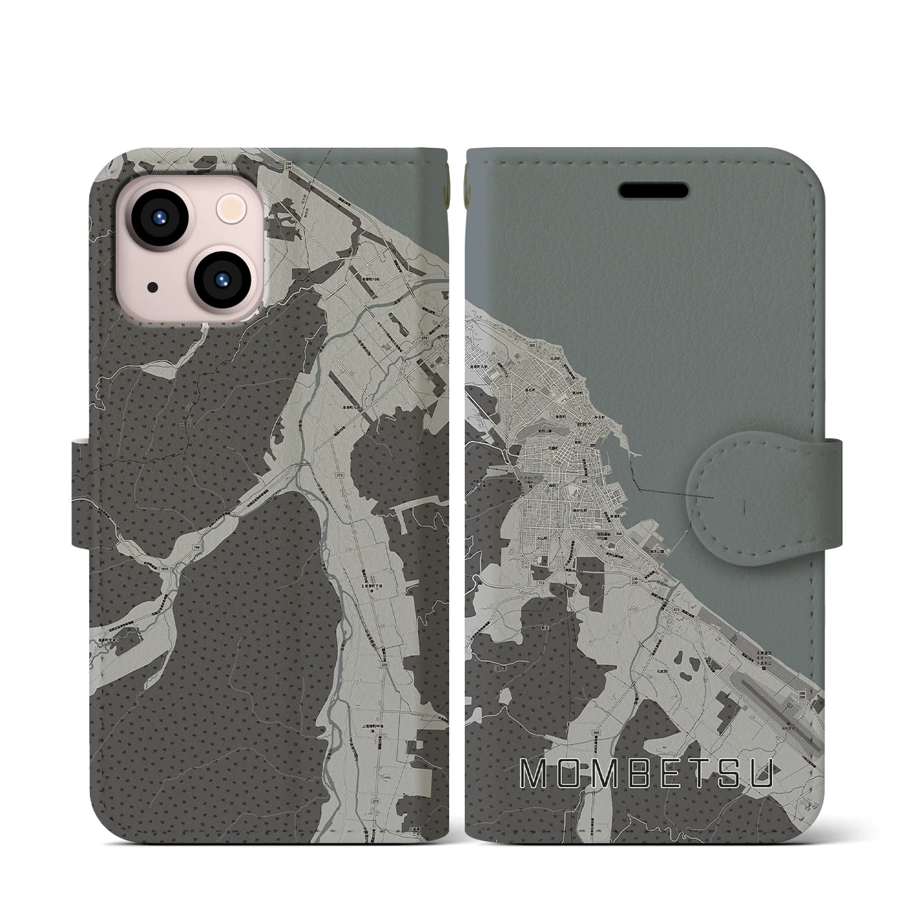 【紋別(北海道)】地図柄iPhoneケース(手帳タイプ)モノトーン・iPhone 13 mini 用