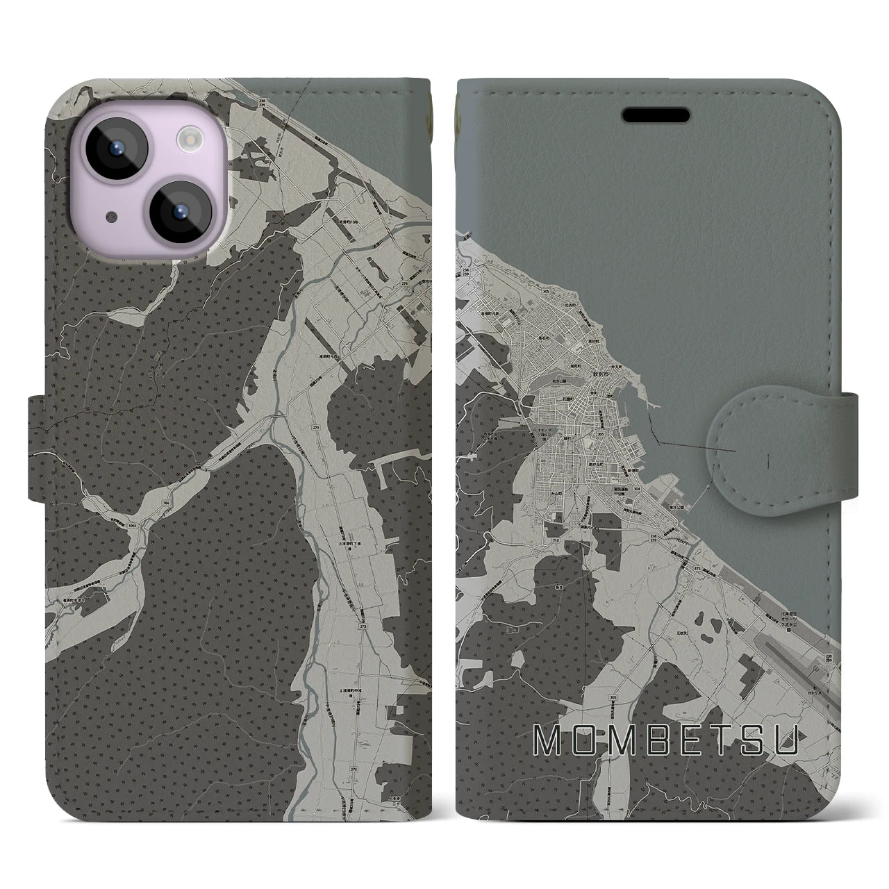 【紋別(北海道)】地図柄iPhoneケース(手帳タイプ)モノトーン・iPhone 14 用