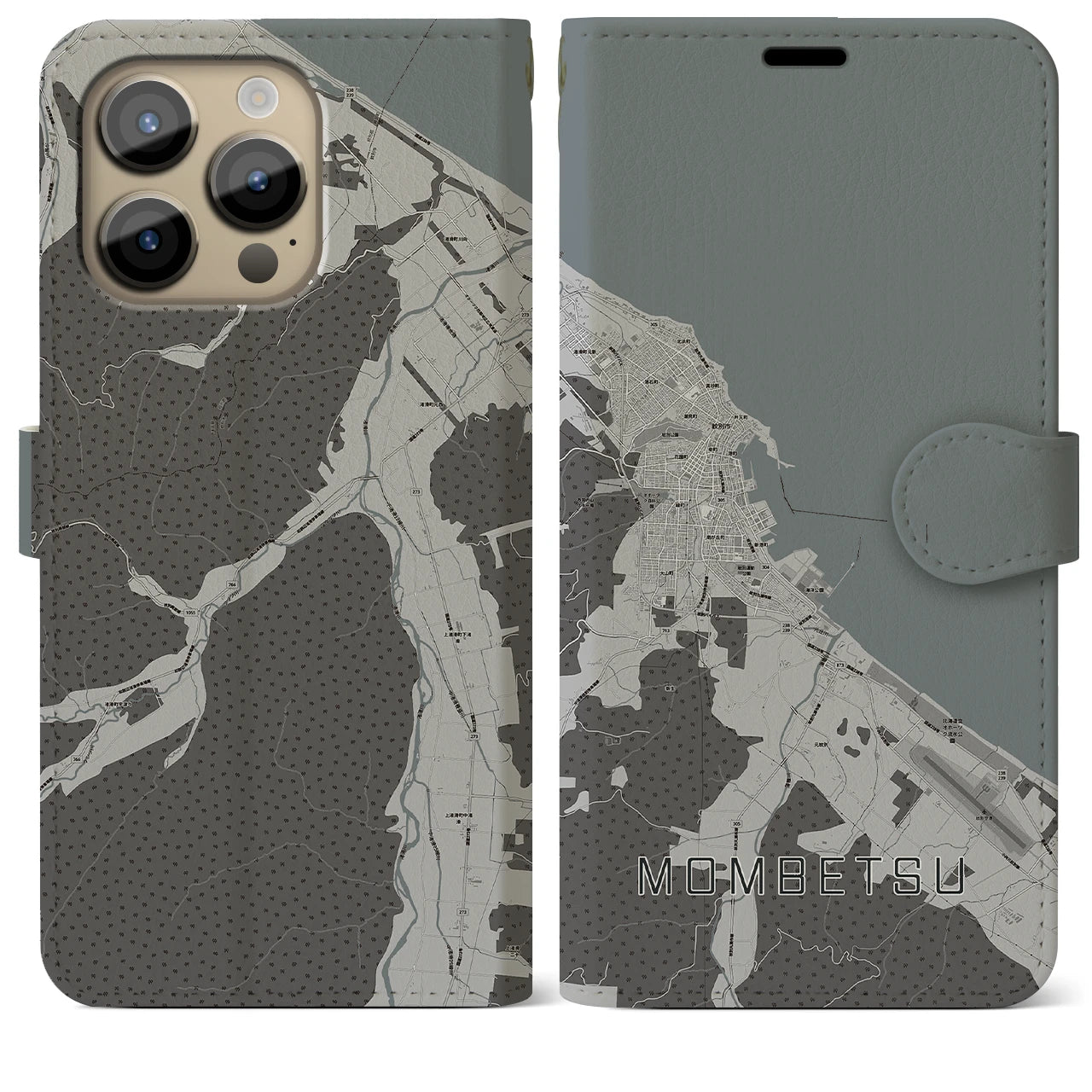 【紋別(北海道)】地図柄iPhoneケース(手帳タイプ)モノトーン・iPhone 14 Pro Max 用