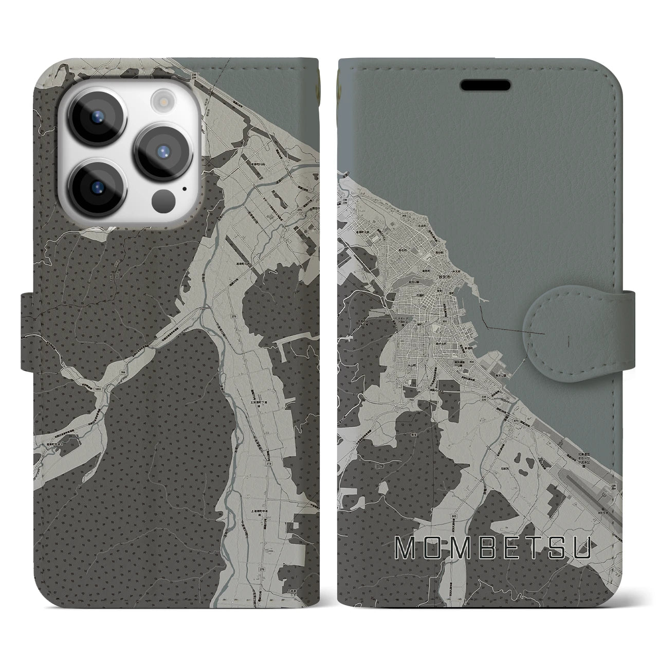 【紋別(北海道)】地図柄iPhoneケース(手帳タイプ)モノトーン・iPhone 14 Pro 用
