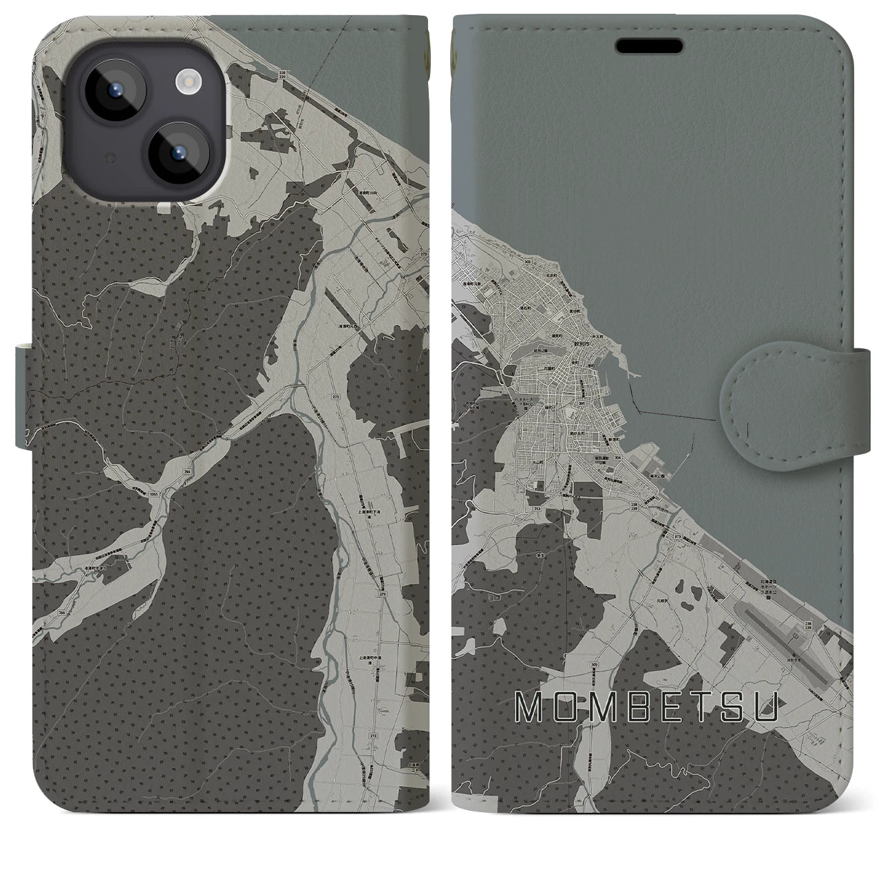 【紋別(北海道)】地図柄iPhoneケース(手帳タイプ)モノトーン・iPhone 14 Plus 用