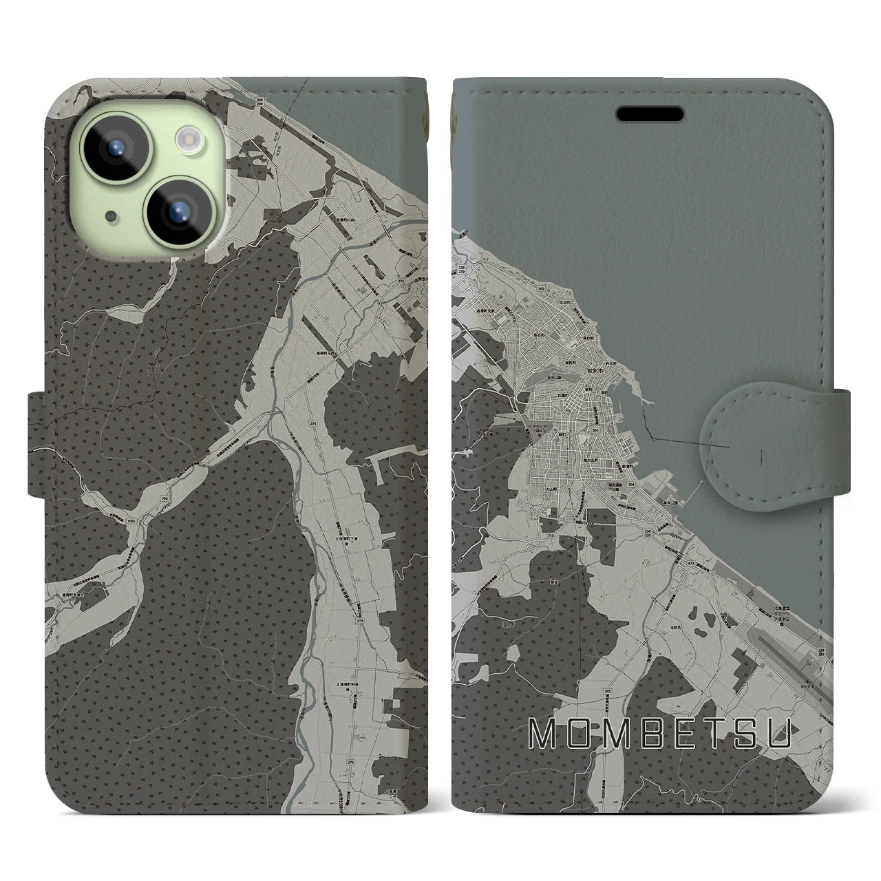 【紋別(北海道)】地図柄iPhoneケース(手帳タイプ)モノトーン・iPhone 15 用