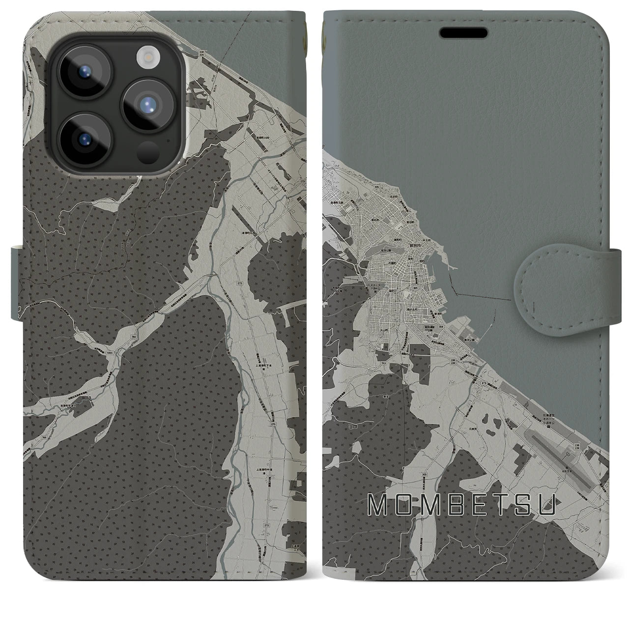 【紋別(北海道)】地図柄iPhoneケース(手帳タイプ)モノトーン・iPhone 15 Pro Max 用