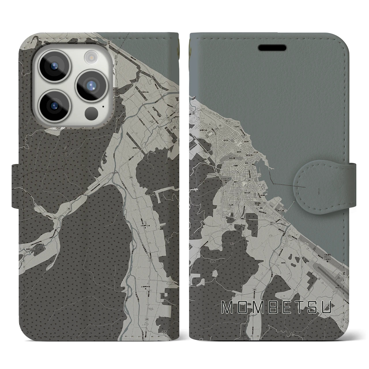 【紋別(北海道)】地図柄iPhoneケース(手帳タイプ)モノトーン・iPhone 15 Pro 用