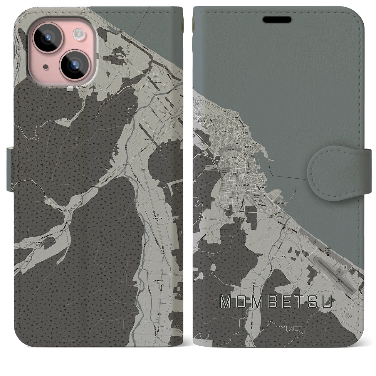 【紋別(北海道)】地図柄iPhoneケース(手帳タイプ)モノトーン・iPhone 15 Plus 用