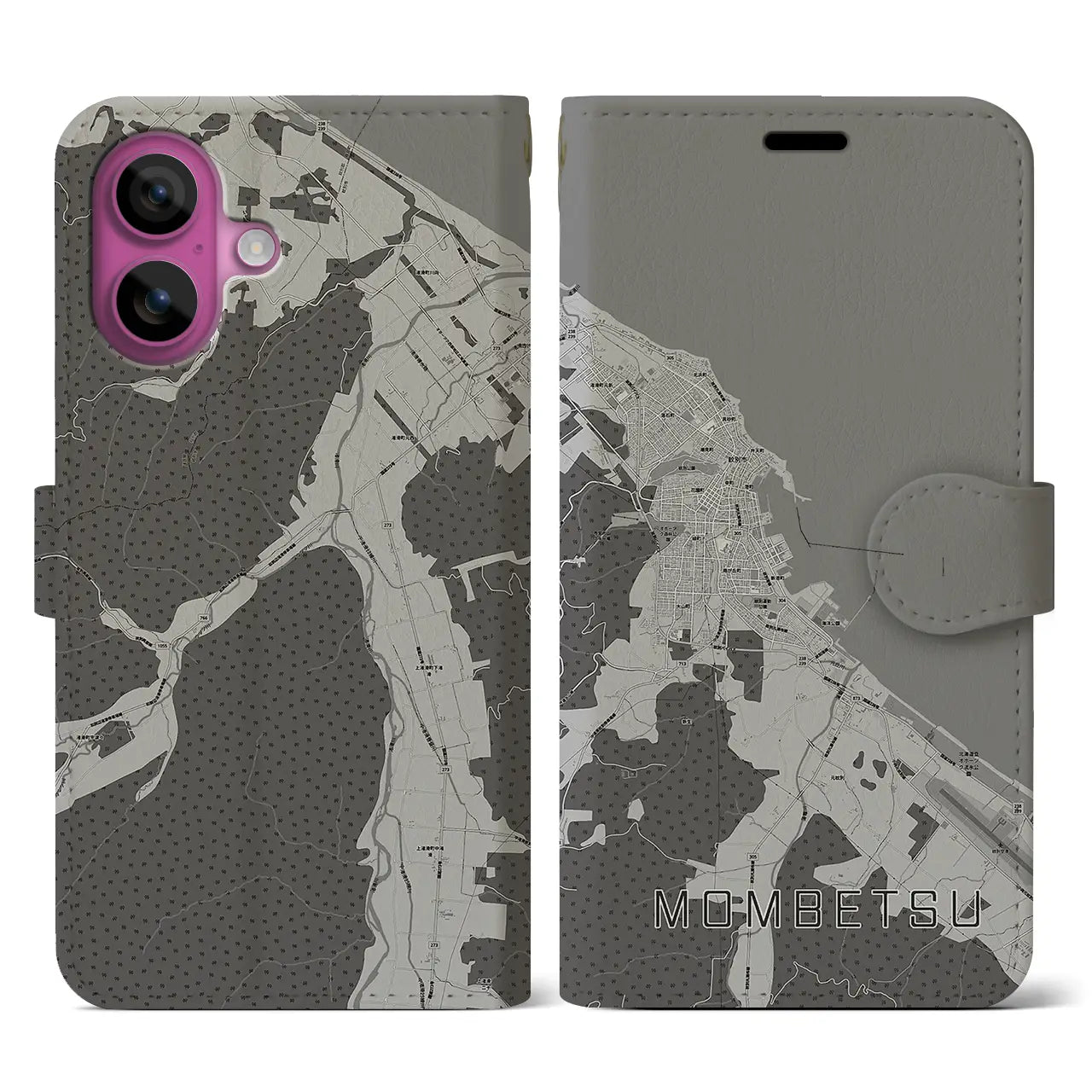 【紋別(北海道)】地図柄iPhoneケース(手帳タイプ)モノトーン・iPhone 16 Pro 用
