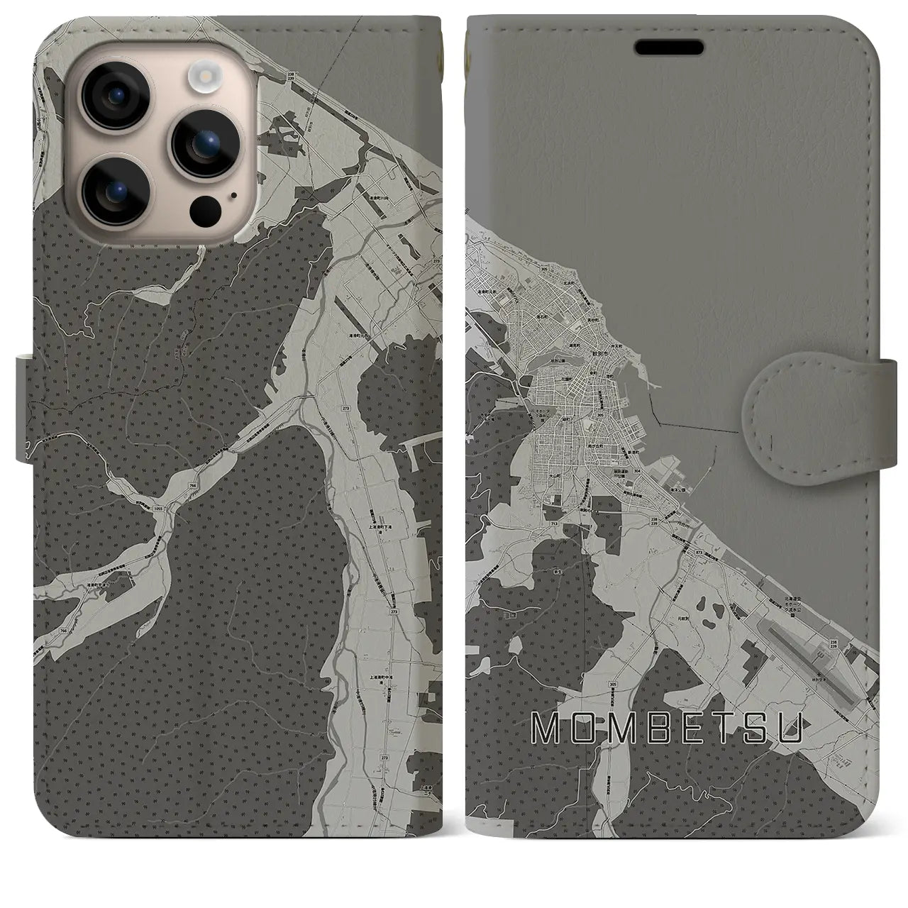 【紋別(北海道)】地図柄iPhoneケース(手帳タイプ)モノトーン・iPhone 16 Plus 用