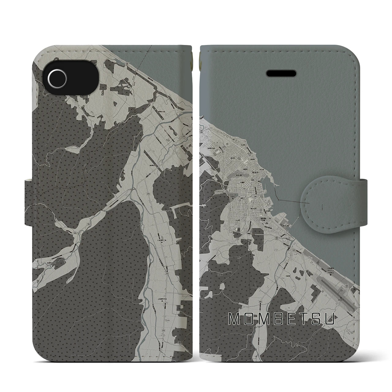 【紋別(北海道)】地図柄iPhoneケース(手帳タイプ)モノトーン・iPhone SE(第3 / 第2世代) / 8 / 7 / 6s / 6 用