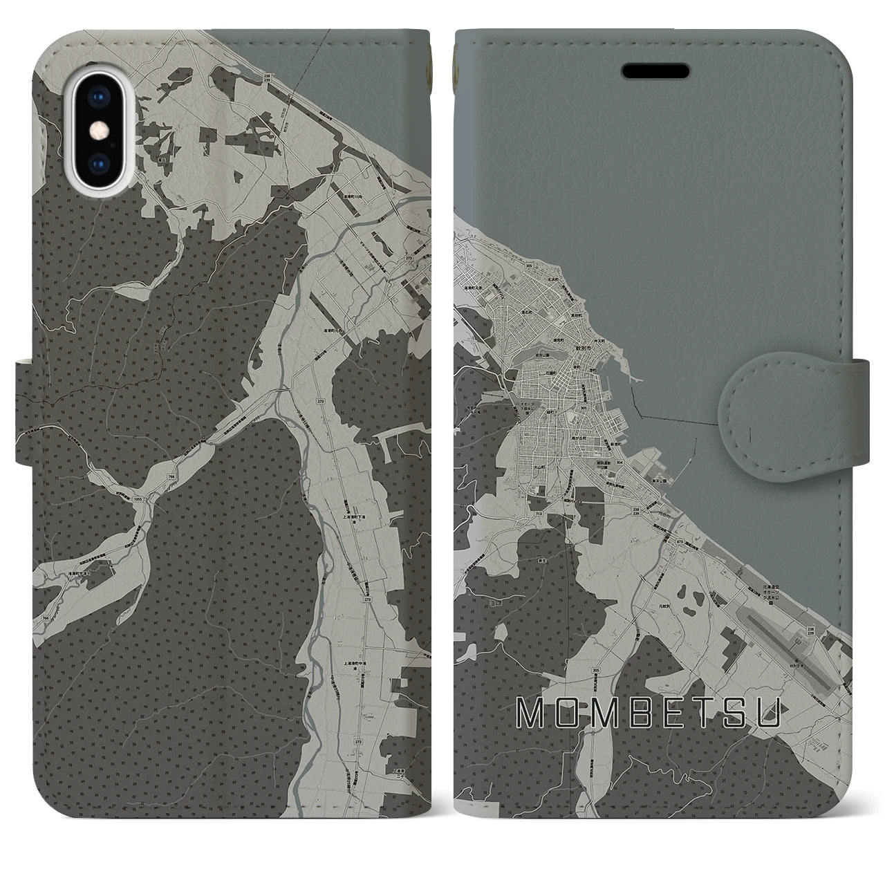 【紋別(北海道)】地図柄iPhoneケース(手帳タイプ)モノトーン・iPhone XS Max 用
