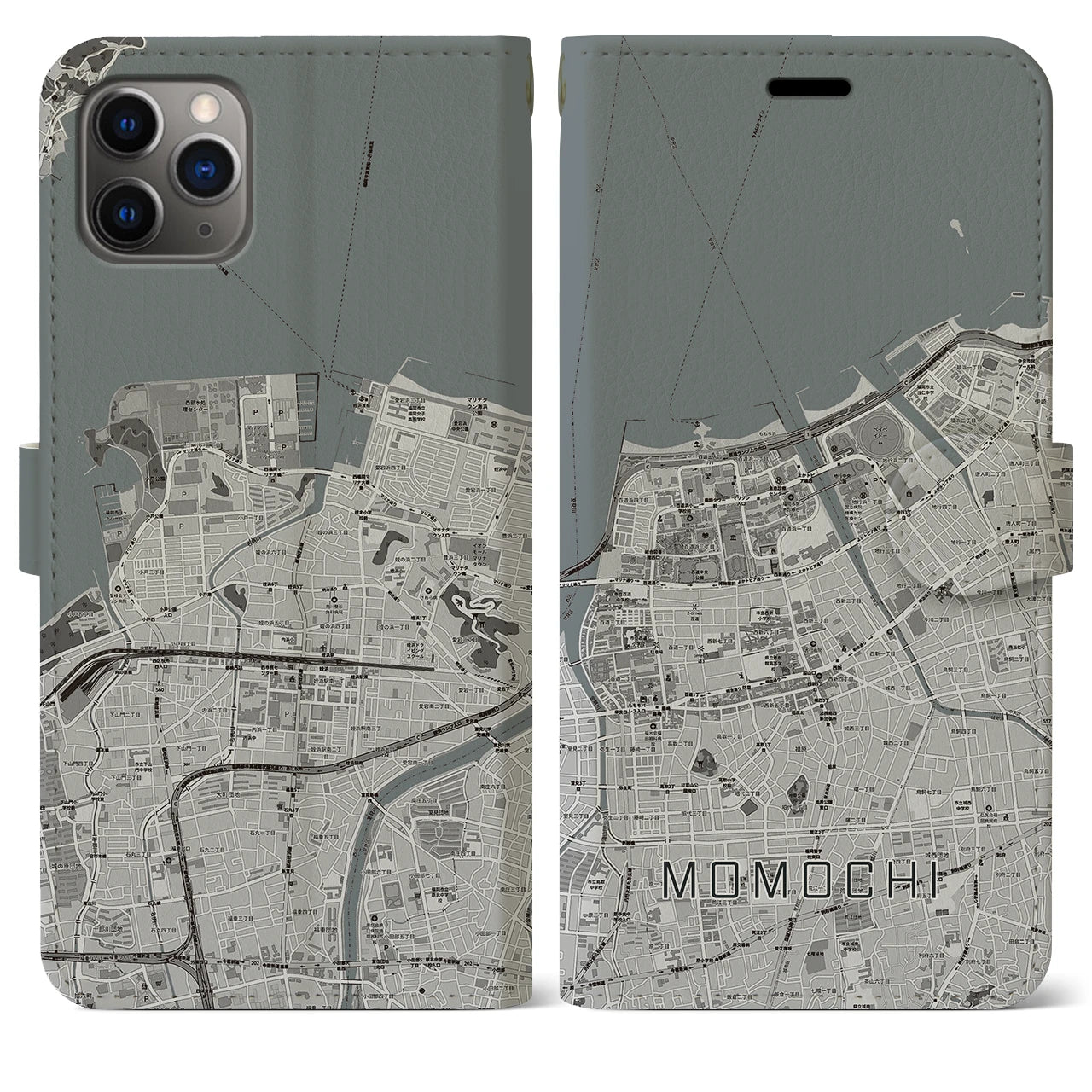 【百道(福岡県)】地図柄iPhoneケース(手帳タイプ)モノトーン・iPhone 11 Pro Max 用
